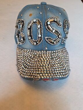 Jeweled 'BOSS' Embellished Denim Baseball Cap - Light Blue